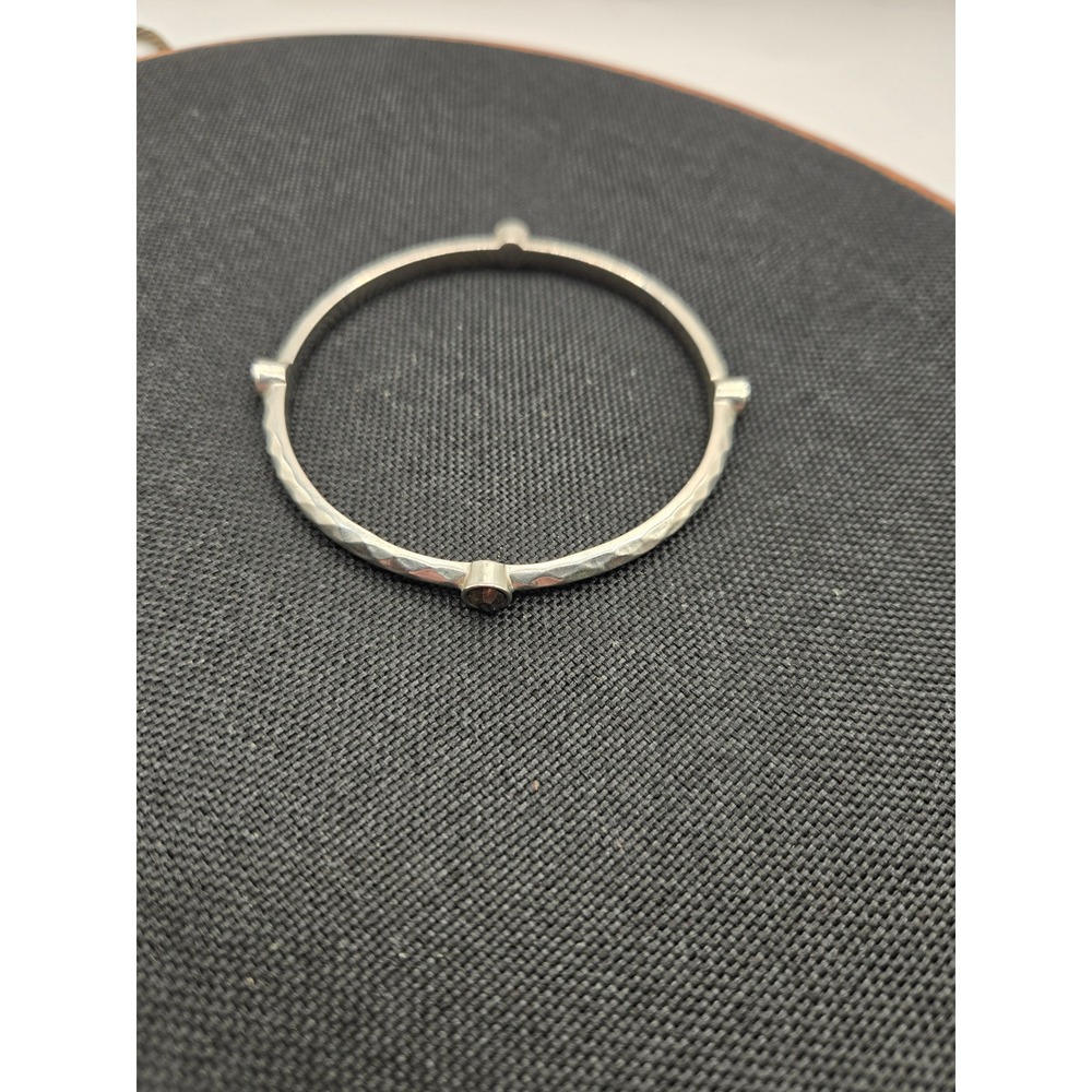 Graziano Silver Tone Hammered Bangle Bracelet with Grey Rhinestones 8 Inch